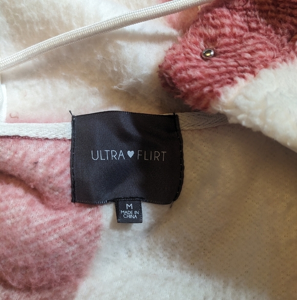 Ultra Flirt Sherpa Plaid Hoodie Jacket Pink Cream Burgundy Check | Shacket - Picture 7 of 9